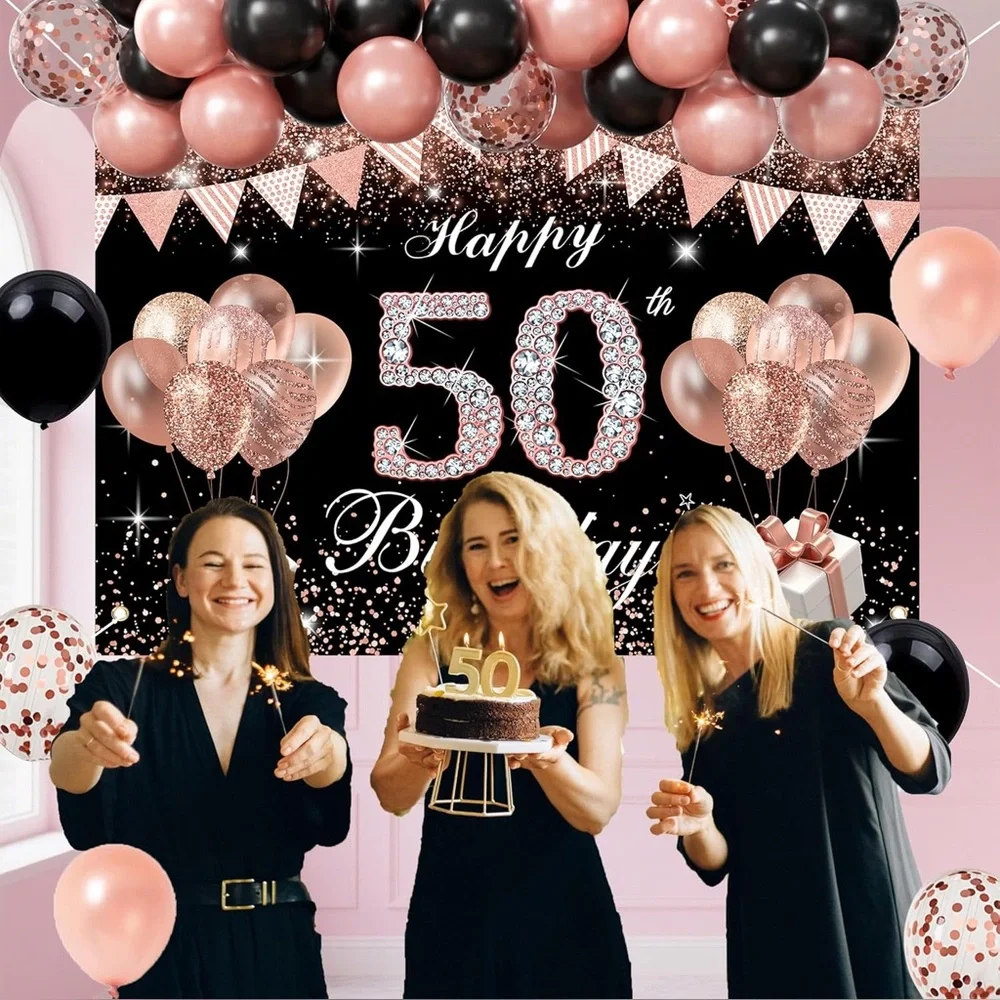 50th Birthday Decorations Rose Gold Black Balloon Arch Backdrop Boxes Set‎ NEW